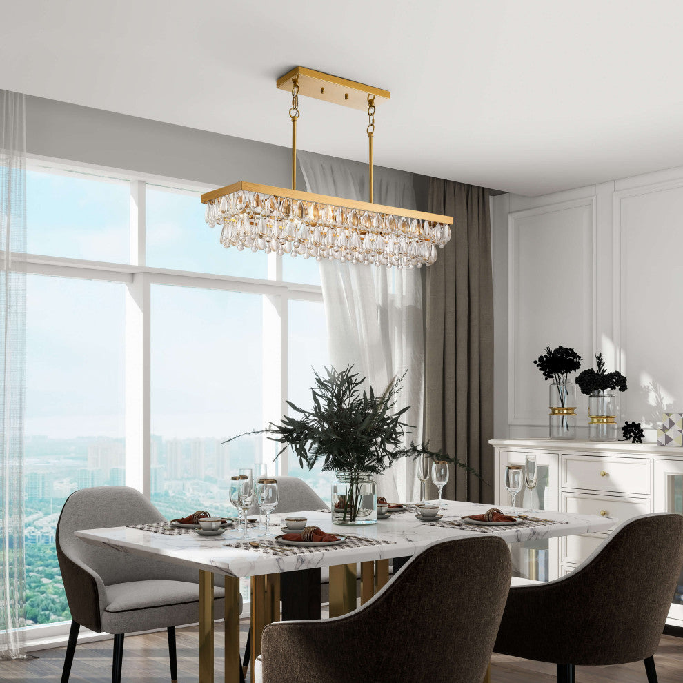 Bonnie Brushed Brass 6-light Crystal Teardrop Rectangle Chandelier