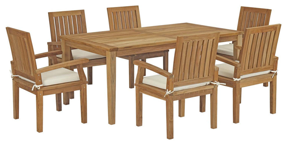 Natural White Marina 7 Piece Outdoor Patio Teak Outdoor Dining Set
