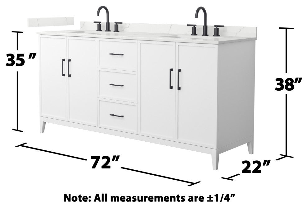 Elan 72" Double Vanity, White, Giotto Quartz Top, 3-Hole, Black Trim