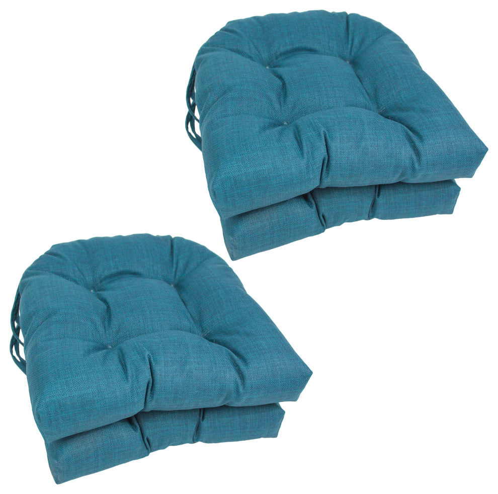 16" Polyester Solid Outdoor U-Shaped Tufted Chair Cushions, Set of 4, Sea Blue