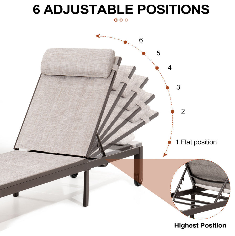 Outdoor Recliner Adjustable Quilted Chaise Lounge Chair and Table Set, Beige