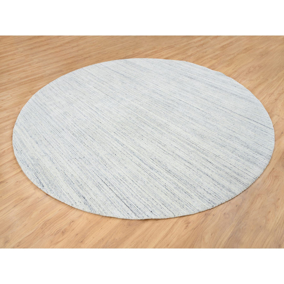 Ivory Hand Loomed Plain Modern Striped Design Organic Wool Round Rug, 10'x10'