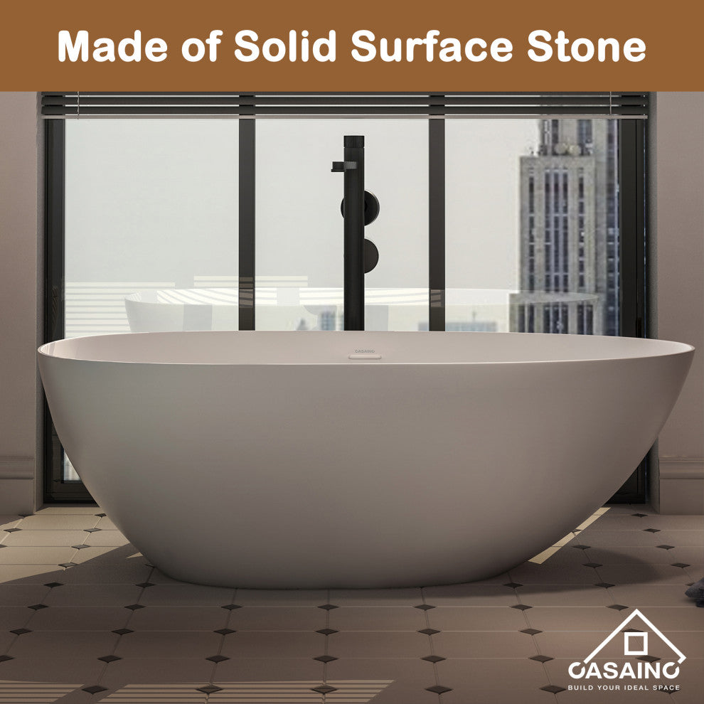 71in White Solid Surface Oval Freestanding Soaking Bathtub with Drain, 59in