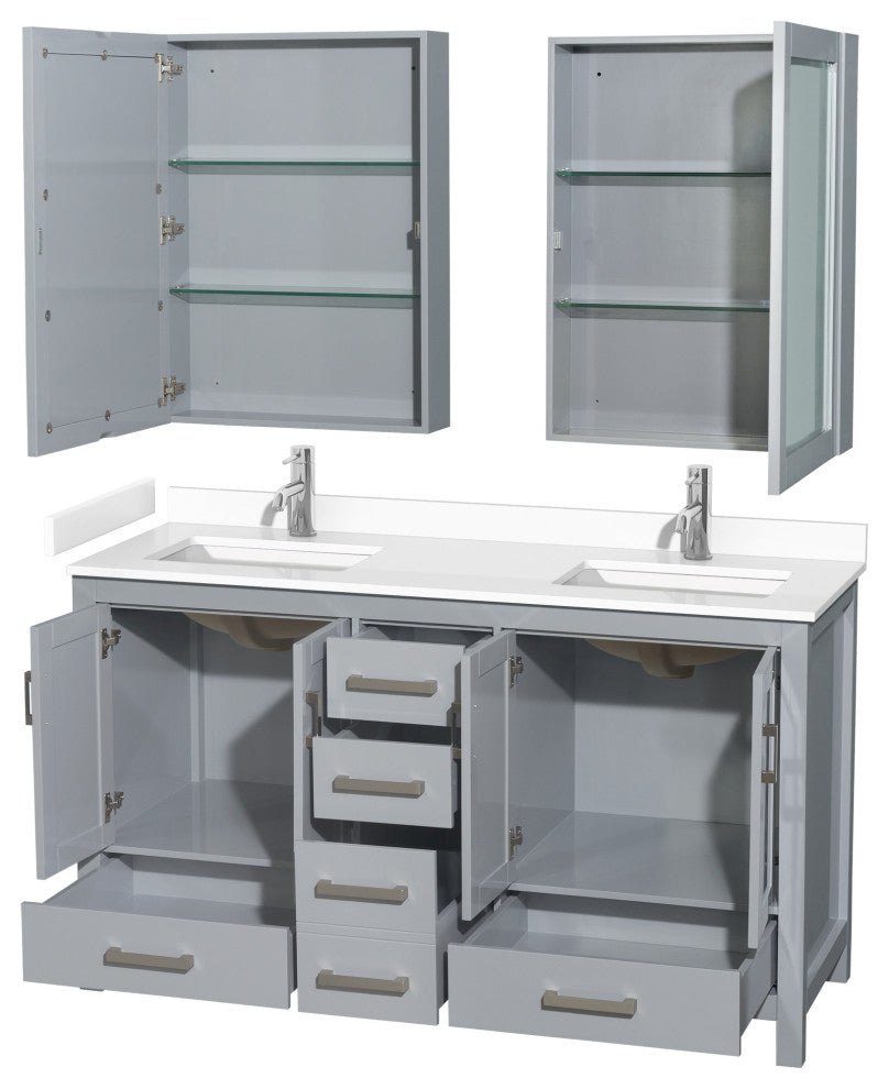 60"DBL Bathroom Vanity Gray, White Cult. Marble Countertop, Sinks, Med. Cabinets