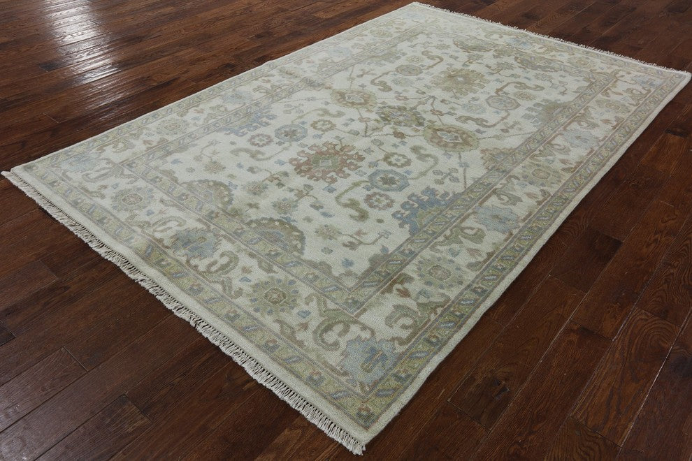 Unique Hand Knotted 6'x9' Floral Oushak Oriental Ivory Wool Area Rug