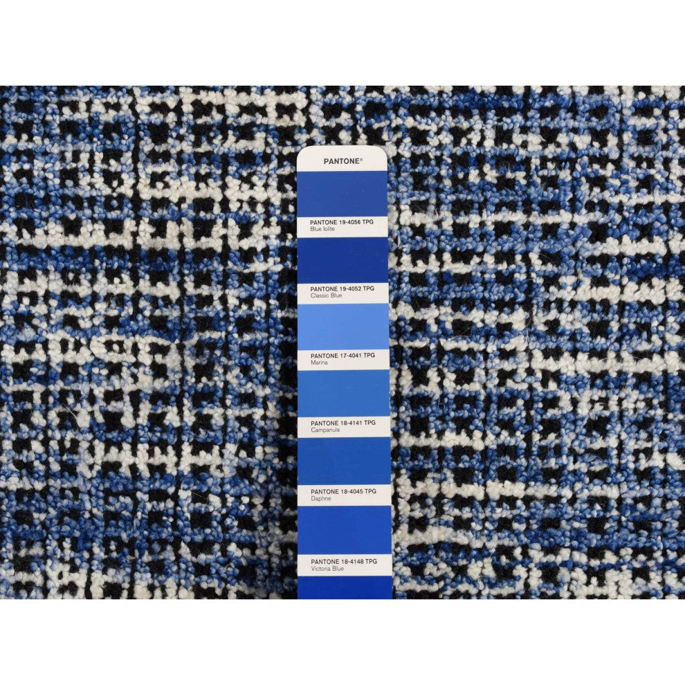 Steel Blue Modern Fence Design Wool and Art Silk Hand Loomed Rug 9'2"x12'
