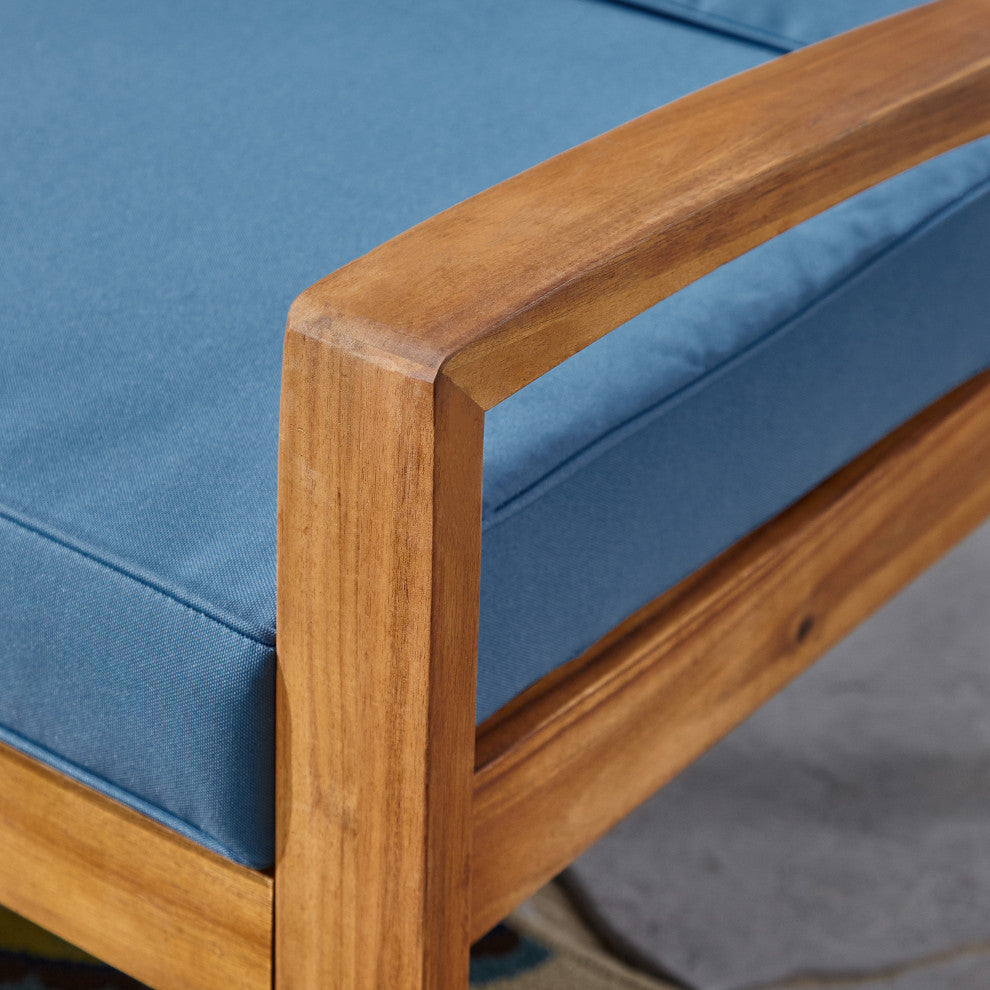 GDF Studio Christian Outdoor Acacia Wood Loveseat/Coffee Set, Teak Finish/Blue