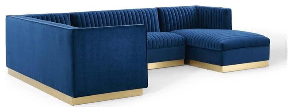 Modway Sanguine 3-Piece Modern Performance Velvet Sectional Sofa Set in Navy