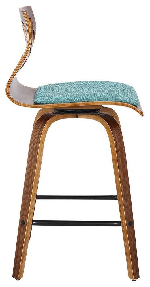 Folia Mid-Century Modern Counter Stool in Walnut Wood and Teal Fabric - Set of 2