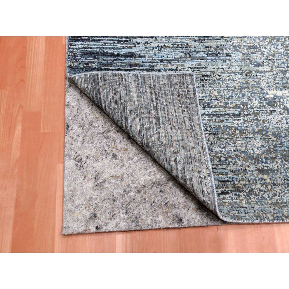Blue Oceanic Wool and Pure Silk Hand Knotted Oriental Square Rug, 8'0"x8'2"