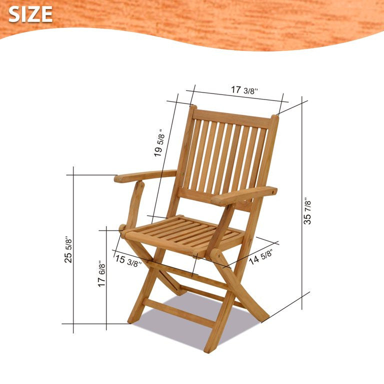 Set of 2 Folding Chair, Teak Wood Construction With Slatted Seat & Arms, Natural