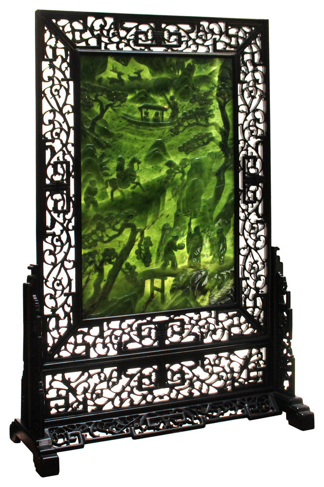 Spinach Green Stone Scenery Carving Table Top Wall Panel Display Hcs5090