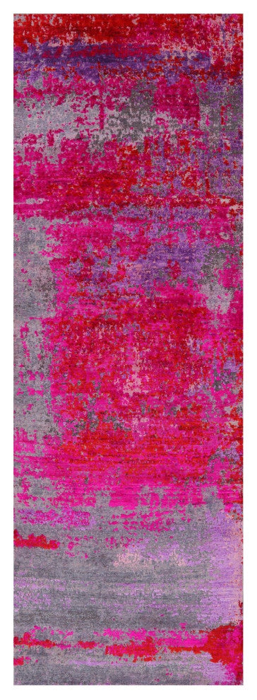 3' 11" X 11' 10" Abstract Handmade Wool and Silk Runner Rug Q9076