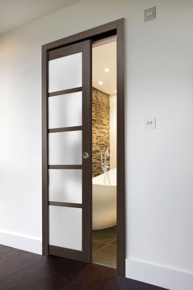 Sliding Pocket Door 30 x 96 Frosted Glass, Quadro 4002 Chocolate Ash, Rail