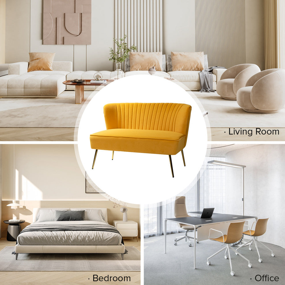Velvet Tufted Loveseat Sofa With Golden Base, Mustard