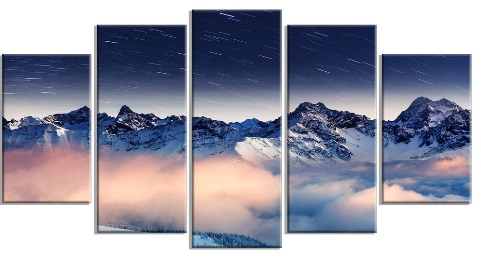 Milky Way Over Frosted Mountains, Landscape Canvas Art Print, 60"x32", 5 Panels