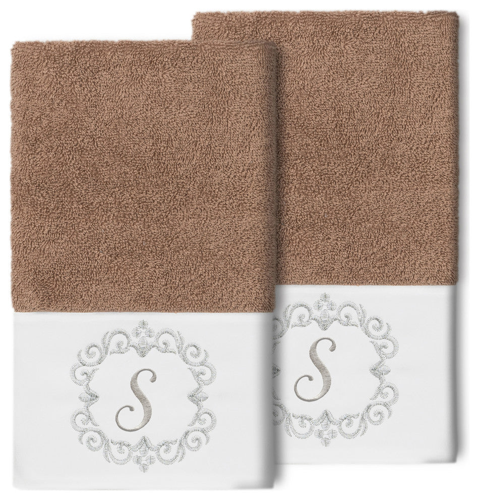 Linum Home Turkish Cotton Monica 2-Piece Embellished Hand Towel Set, Latte