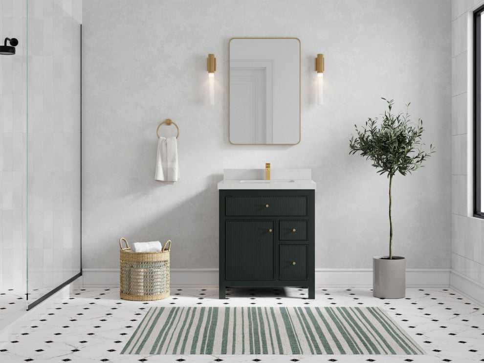Sonoma 30 Single Sink Reeded Bath Vanity in Dark Forest Green 2" Carrara Quartz