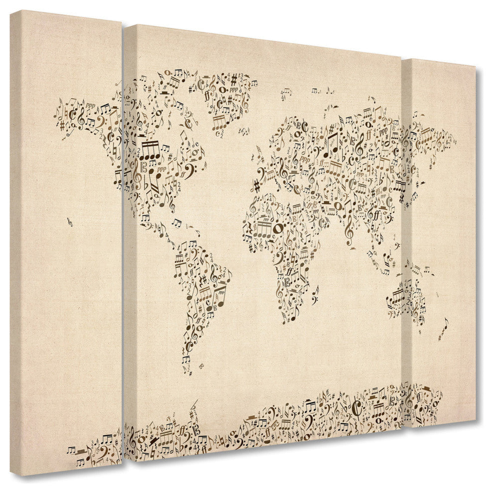 Michael Tompsett ''Music Note World Map'' Multi Panel Art Set, 41"x30"