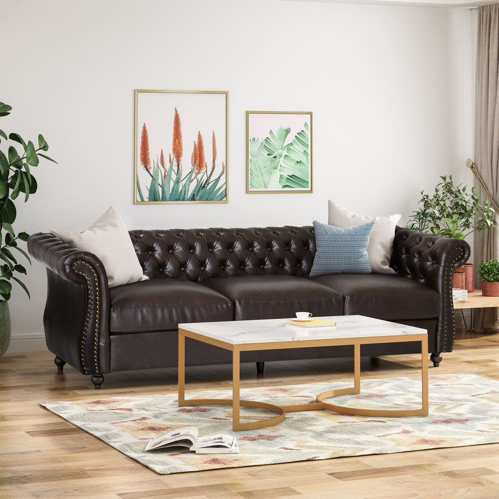 Vita Chesterfield Tufted Faux Leather Sofa, Brown
