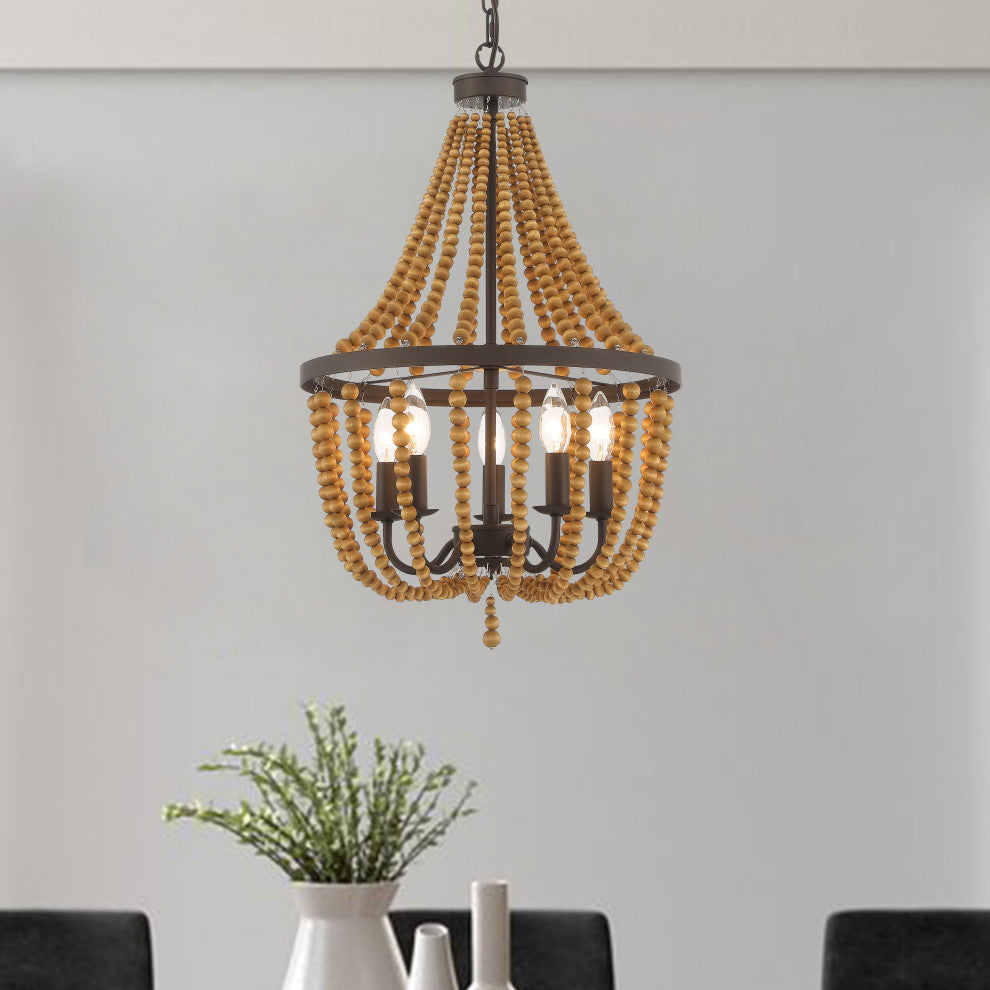 5 - Light Candle Style Empire Chandelier with Beaded Accents, Oil Rubbed Bronze