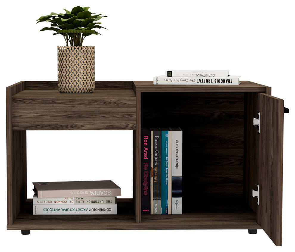 Velvet Coffee Table with Single-Door Cabinet, Dark Walnut