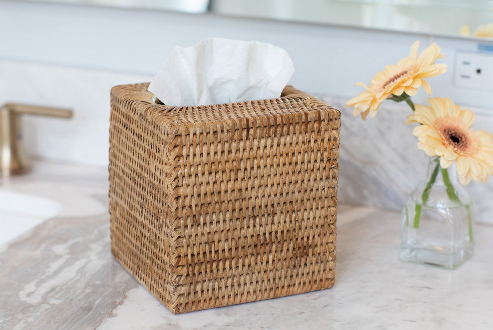 Artifacts Rattan Column Tissue Box Cover, Honey Brown