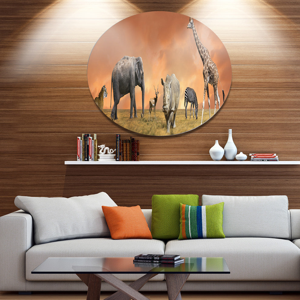 Savannah Wildlife Panorama, African Round Wall Art, 23"