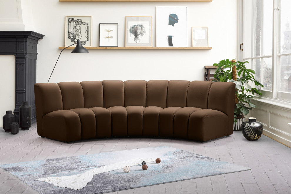 Infinity Channel Tufted Velvet Modular Chair, Brown, 3 Piece
