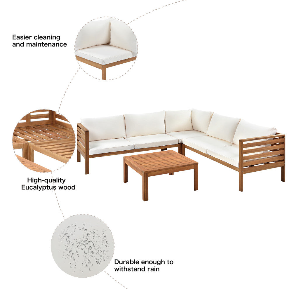 Wood Structure Outdoor Sofa Set with gray Cushions, Beige