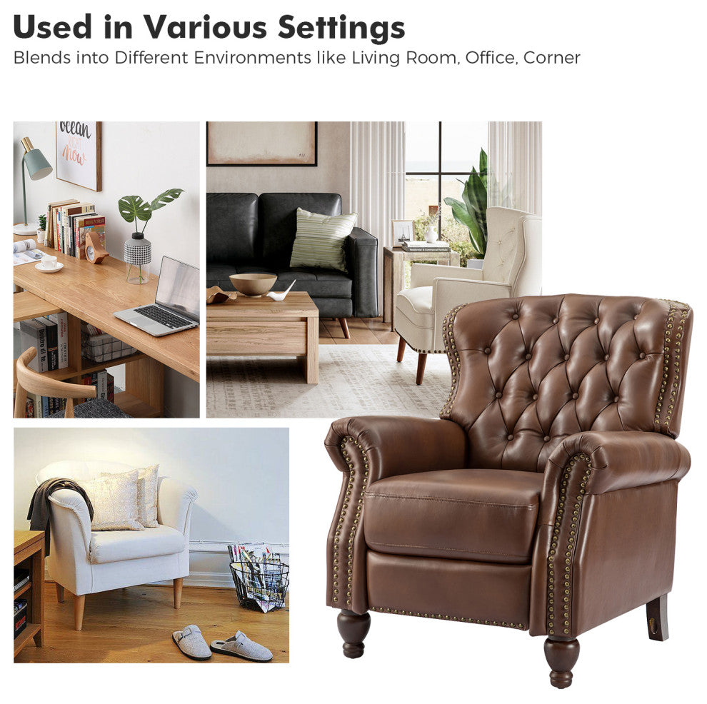 34.5"W Transitional Style Genuine Leather Recliner With Nailhead Trims, Brown
