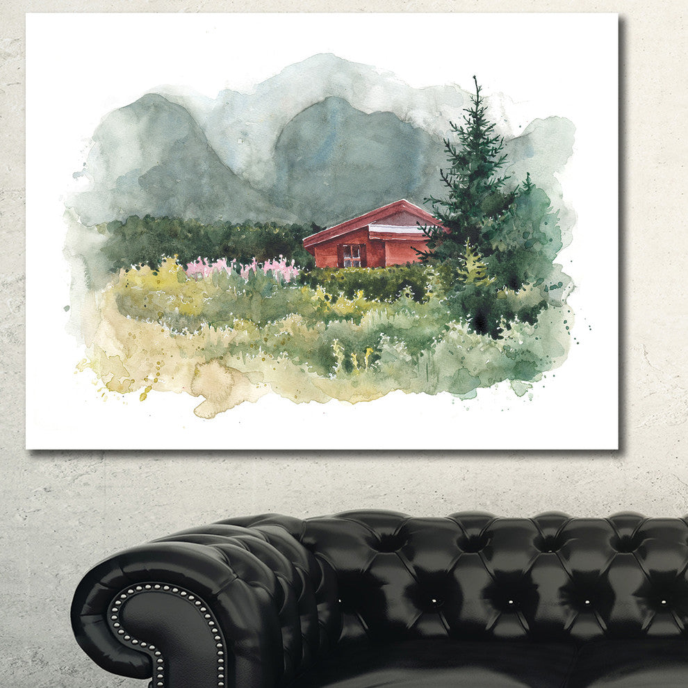 Watercolor House Aad Mountains, Landscape Canvas Art Print, 40"x30"
