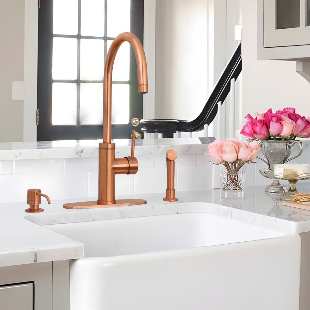 Akicon One-Handle Copper Widespread Kitchen Faucet, Side Sprayer, Copper