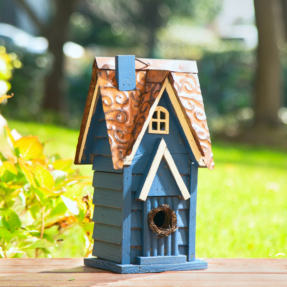 12"H Retro Blue Distressed Solid Wood Cottage Birdhouse