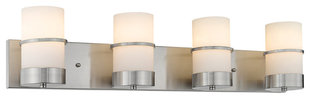 PENELOPE Contemporary 4 Light Brushed Nickel Bath Vanity Light Etched White Glas