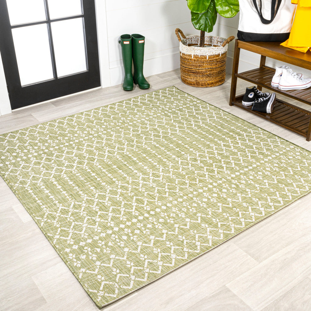Ourika Moroccan Geometric Indoor/Outdoor Rug, Light Green/Cream, 5' Square