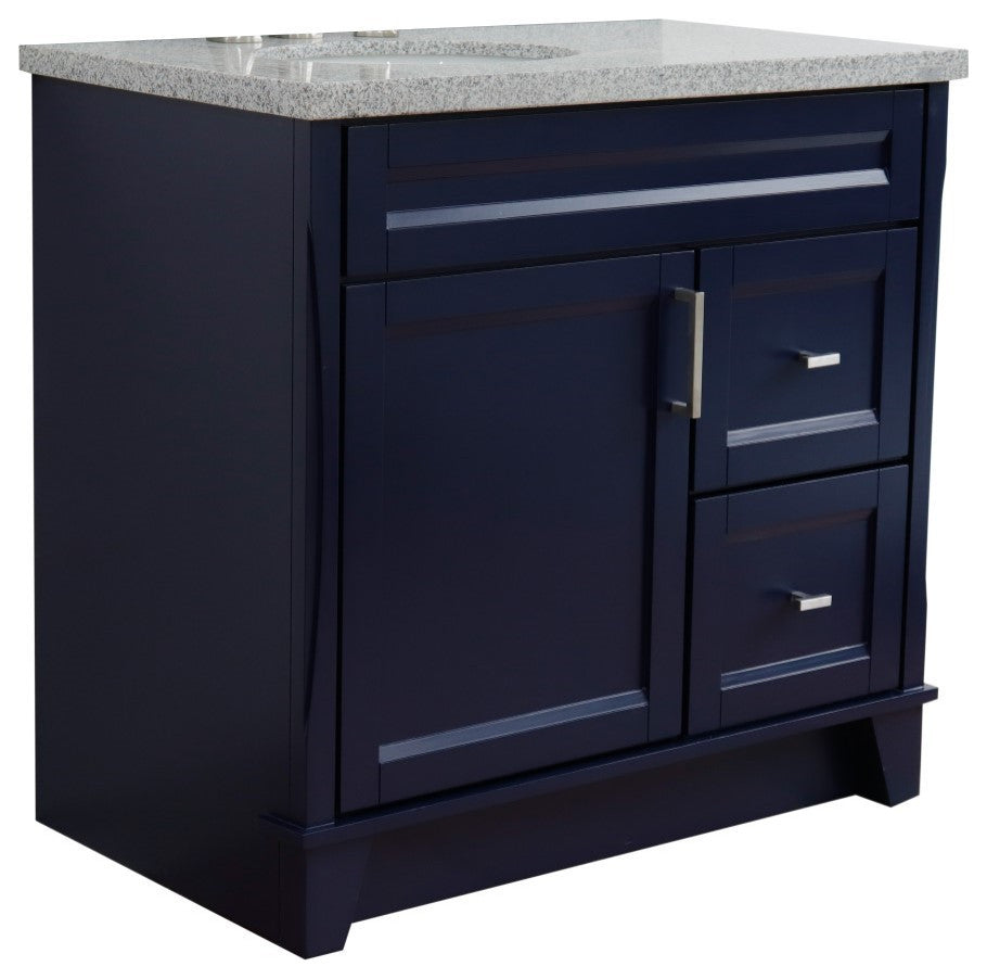 37" Single Sink Vanity, Blue Finish With Gray Granite And Left Door/Left Sink