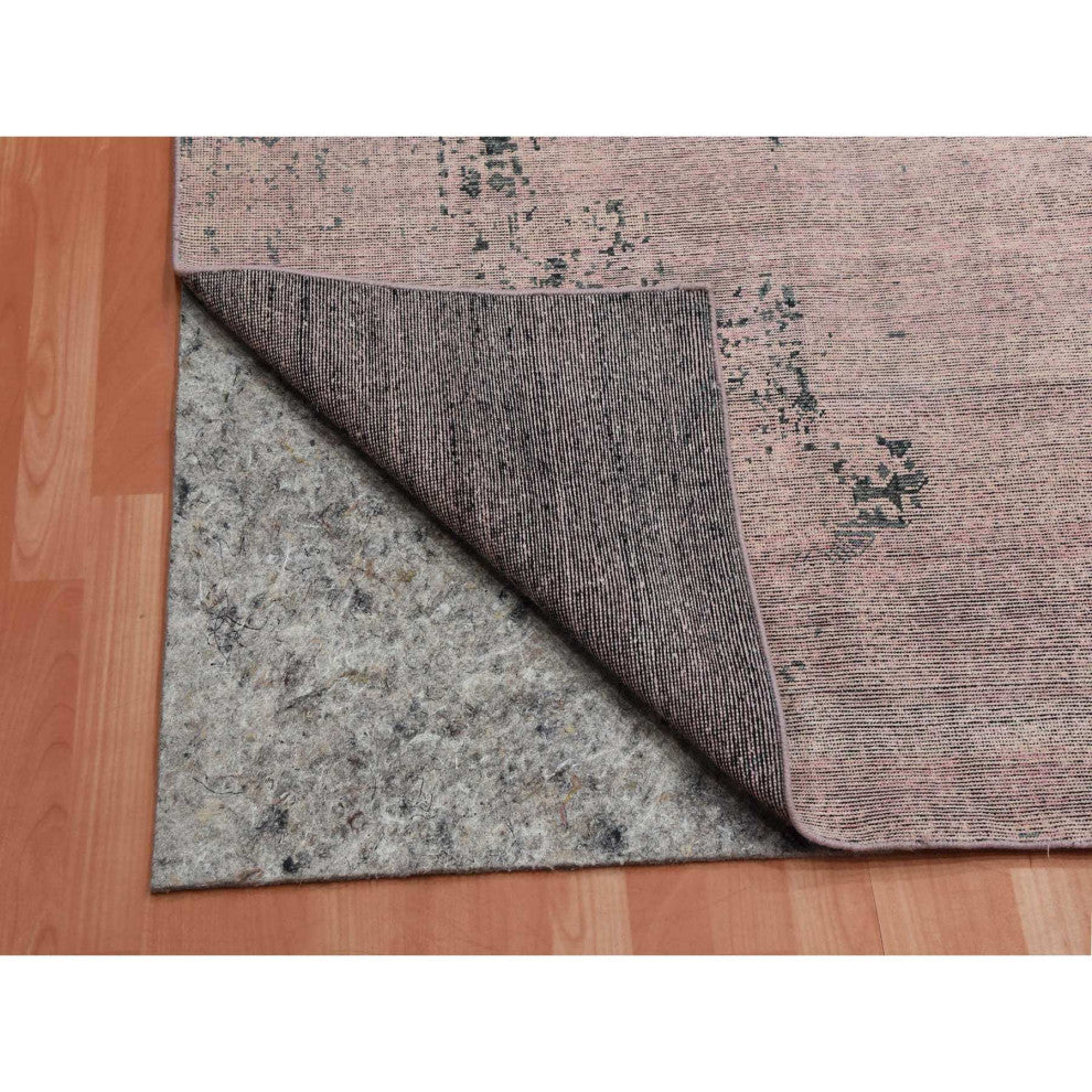 Pink and Gray, Hand Knotted Erased Persian Design, Pure Silk Rug, 8'9"x12'2"
