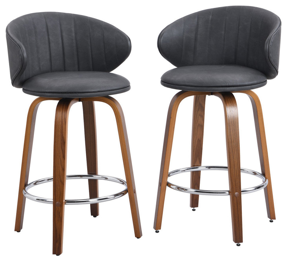 Swivel Counter Stool, Wood Bar stools, Pu Leather, Set of 2, Mid-Century Modern, Gray, 26''
