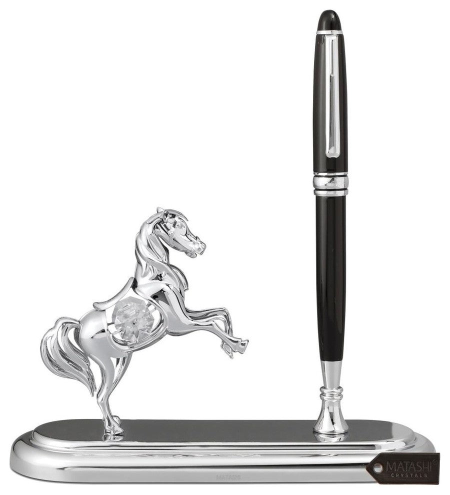 Chrome Plated Executive Desk Set With Pen and Silver Horse Ornament