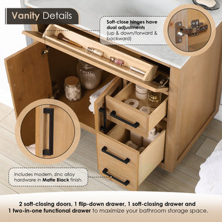 Gavino Vanity With Grain White Composite Stone Top, Light Brown/Matte Black, 36", With Mirror