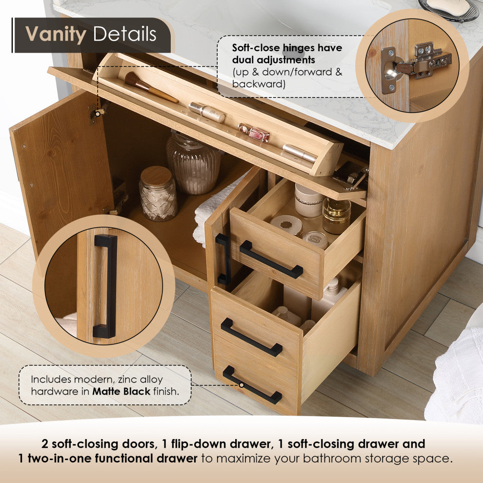 Gavino Vanity With Grain White Composite Stone Top, Light Brown/Matte Black, 36", With Mirror