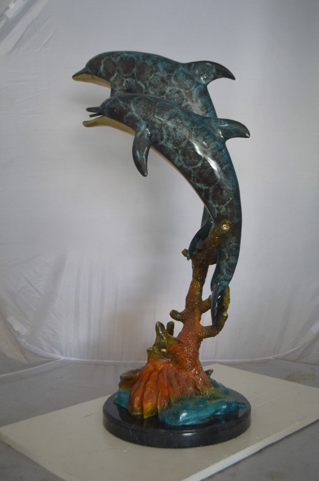 Two Dolphins fountain Bronze Statue on a marble -  Size: 19"L x 15"W x 36"H.