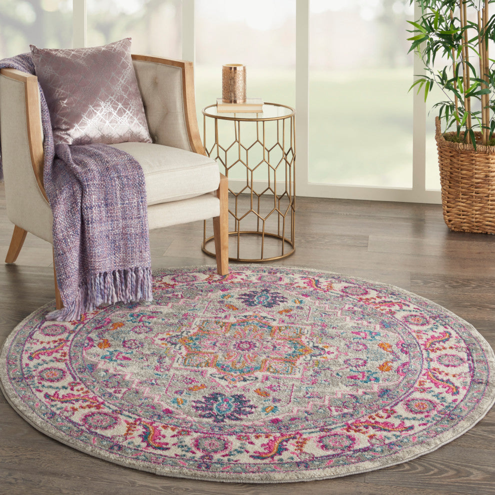 Nourison Passion 5' x Round Light Grey/Pink Bohemian Indoor Area Rug