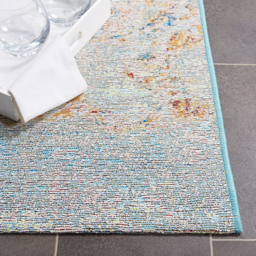 Safavieh Barbados Collection Indoor-Outdoor, BAR538 Rug, Light Blue/Yellow Rust, 6'6" Square