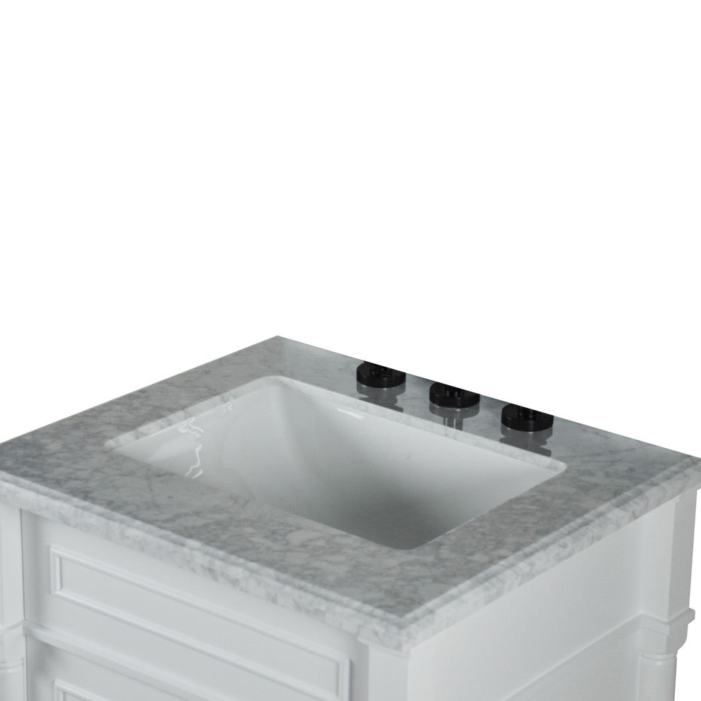 24" Single Vanity, White With White Carrara Marble Top