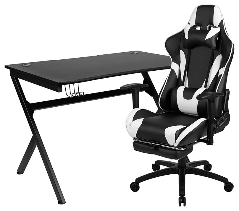 Black Gaming Desk & Footrest Reclining Chair Set, Black