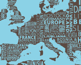 1-World Text Map Wall Mural, Brown on Blue, Wallpaper, 8 panel, 166x89"