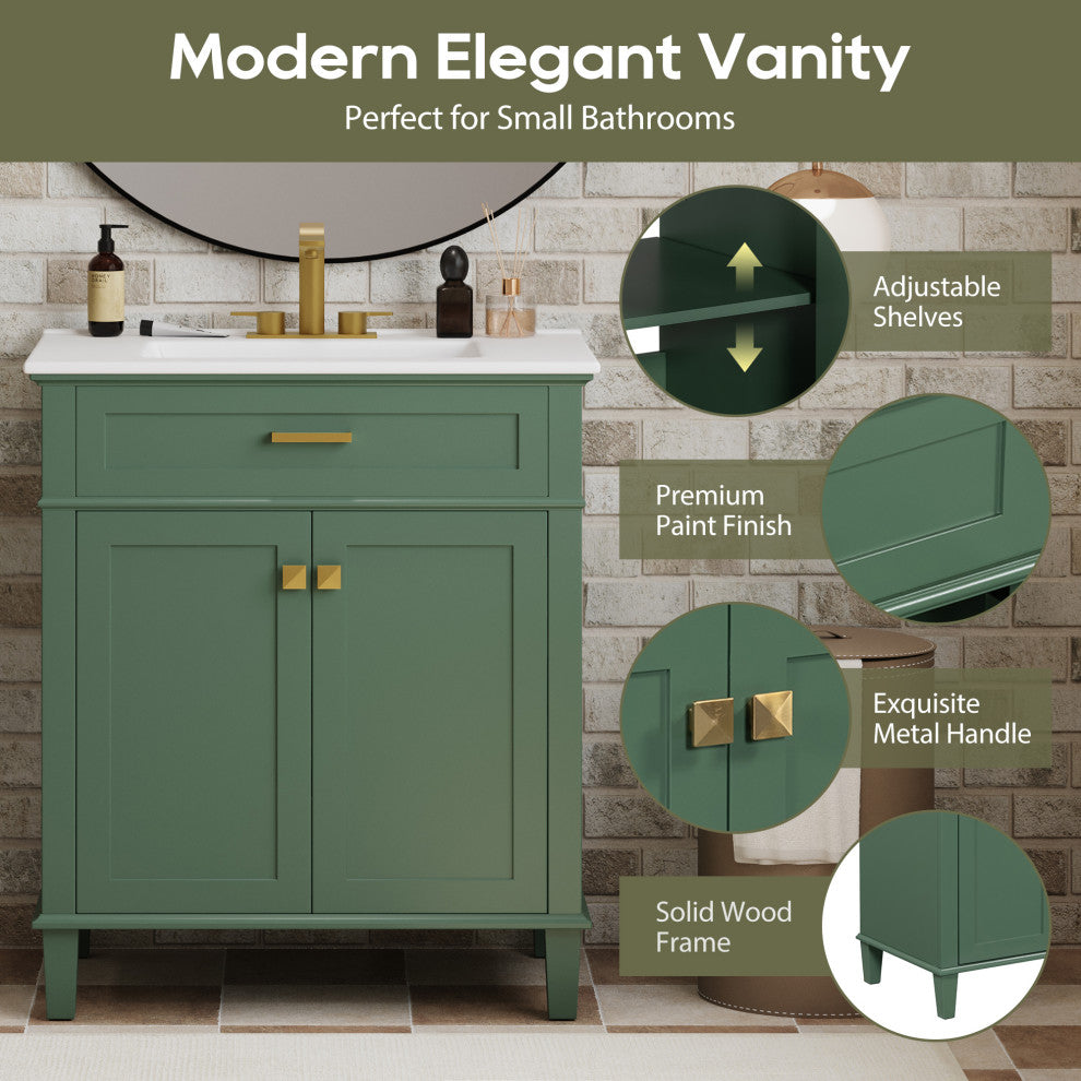 30 Inch Bathroom Vanity with Ceramic Basin, Soft-close Door, Green