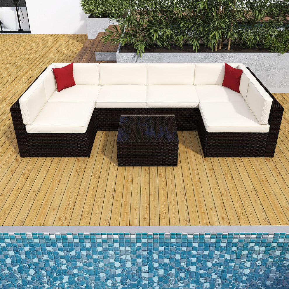 117" Wide Outdoor Wicker U-Shaped Patio Sectional With Cushions, Beige